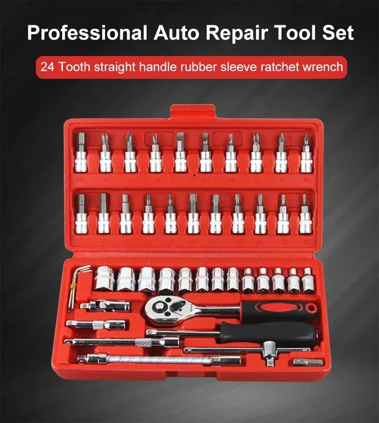 New 46-piece car repair tool kit 1/4 inch socket set car repair kit pry ratchet torque wrench combination car maintenance tools
