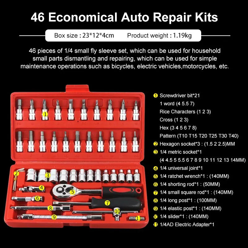 New 46-piece car repair tool kit 1/4 inch socket set car repair kit pry ratchet torque wrench combination car maintenance tools
