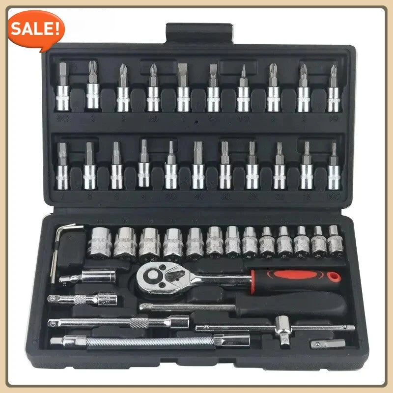New 46-piece car repair tool kit 1/4 inch socket set car repair kit pry ratchet torque wrench combination car maintenance tools