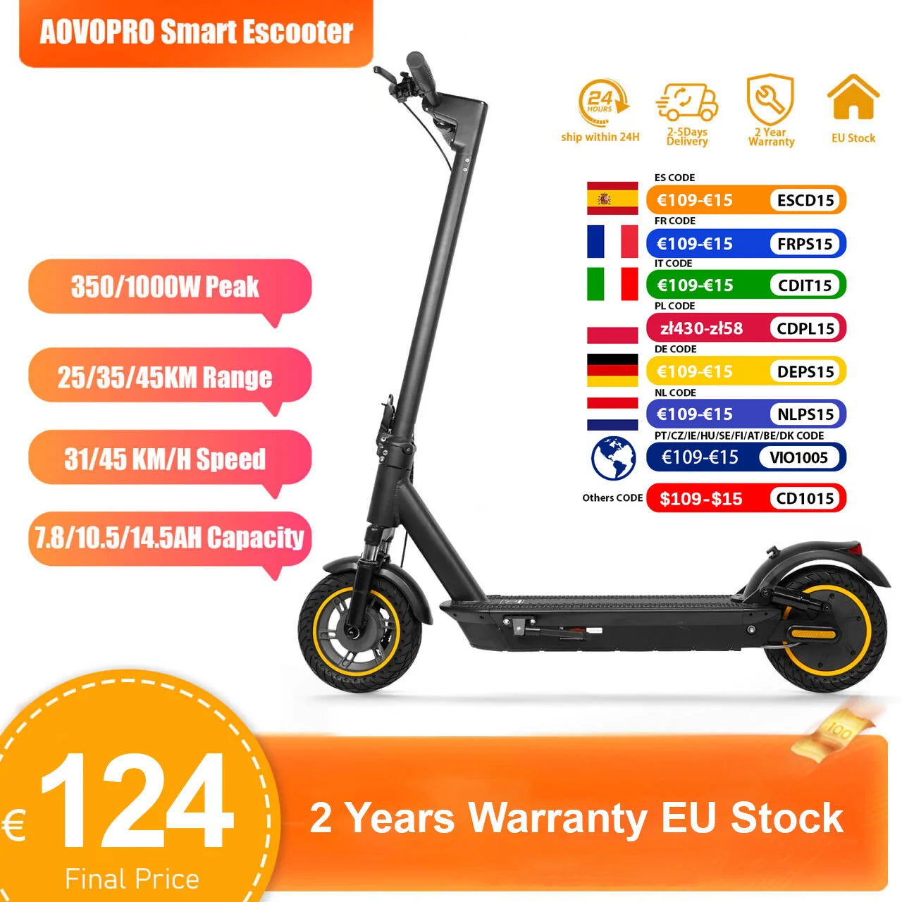 2025 Upgrate AOVOPRO Smart APP Electric Scooter 350W/500W Powerful Motor 36V/42V 25-45KM  Range Adults EScooter with Dual Brake